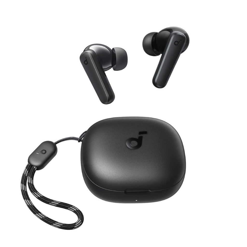 Black Soundcore R50i wireless earbuds with charging case and lanyard on a white background