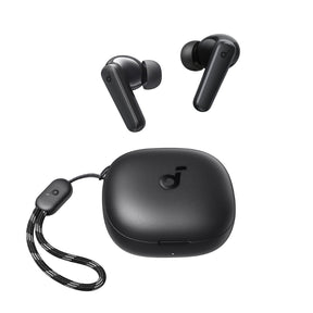 Black Soundcore R50i wireless earbuds with charging case and lanyard on a white background
